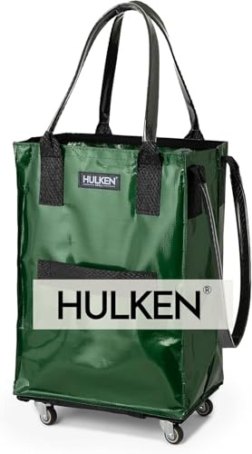 HULKEN (Small, Forest Green) Reusable Grocery Bag On Wheels, Shopping Trolley, Rolling Tote, Zipper Closure, Lightweight, Carries Up to 33 lb, Folds Flat
