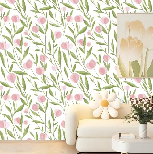 HAOKHOME Self Adhesive Wallpaper Green Floral Peel and Stick Wall Paper Boho Kids White/Pink/Green Bathroom Stick on Contact Paper 3m x 44.5cm