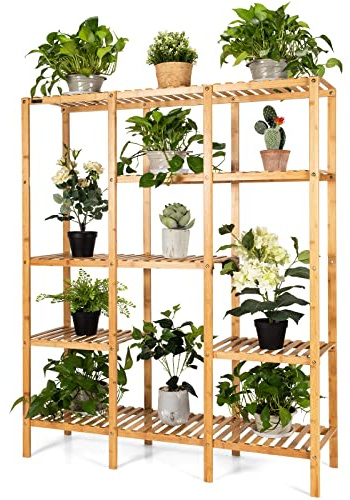 COSTWAY Pflanzenregal Bambus, Standregal mit 6 Ebenen, Blumentreppe Pflanzenständer mit Hängegestell, Treppenregal Stufenregal Raumteiler, Blumenregal für Wohnzimmer Garten Balkon, 114 x 31 x 141 cm