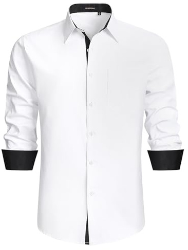 HISDERN Camisas Manga Larga Hombre Formal Casual Blanco Regular con Botones Antiarrugas Camisas Hombre Traje de Vestir Negocios XL