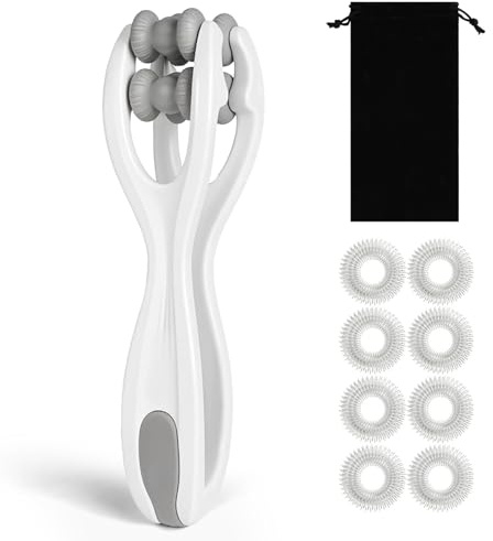 Alaoo Hand- und Fingermassagegerät mit Griff Körper, Grau | Massagegerät Selbstmassagerolle mit 8 Massageringe, Doppelseitiger für Muskel Entspannen, Arthritis, Stressabbau Wrists