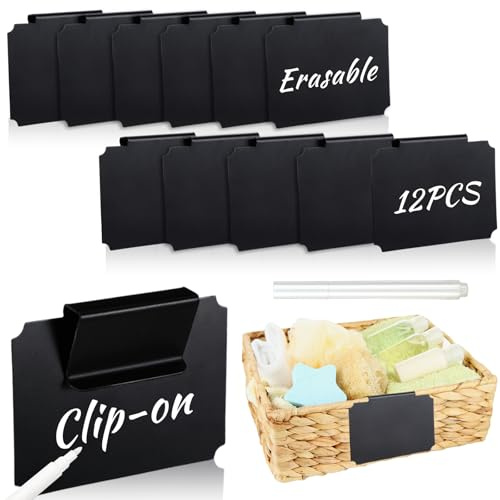 12 st etiketter för förvaringskorgar, tygetiketter, avtagbar etikett, hyllprislappar, displayhållare för varor, 3,54 × 7 cm kläm-på PVC-etikett med kritmarkör för korg skafferi organisationslåda
