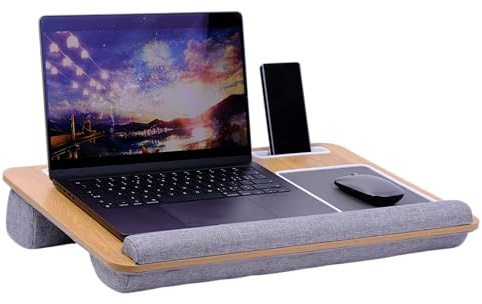 Plateau pour ordinateur portable avec coussin - Bureau réglable pour lit et canapé - Tapis de souris intégré, repose-poignets et support de téléphone - Tablette d'écriture et de jeu portable (gris)