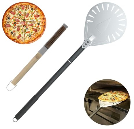 Pizzaschieber mit Pizzabosch, rund, perforiert, mit 80 cm rutschfestem hitzebeständigem abnehmbarem Griff, eloxiertes Aluminium, Pizzaschieber für Grill, Ofen, Backen, Pizza, Brot, 22,9 cm