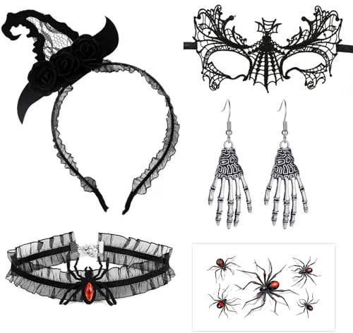 Halloween Accessoires Damen, mit Haarreif, Spitze Halbmaske, Totenkopf Ohrringe, Spinne Temporäre Tattoo und Halskette, für Halloween Karneval Fasching Motto Gothic Party (Hexen)