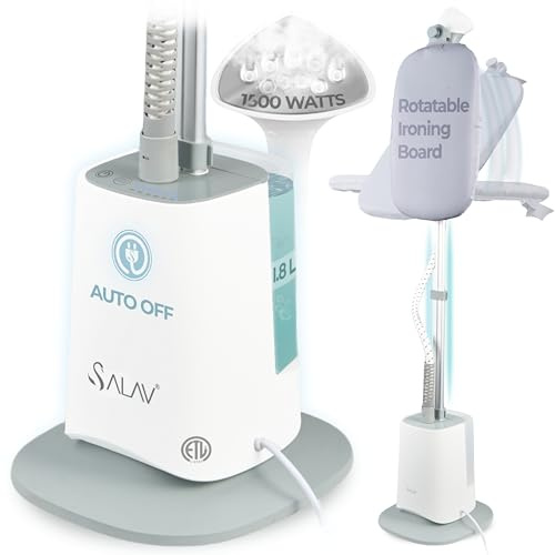 SALAV Standing Garment Steamer w/Smart Auto-Off, 1500W Powerful Steam, Adjustable Ironing Board, 6 Steam Settings for Various Fabric Types, LED Display, Fast Wrinkle Removal for Home & Business Use
