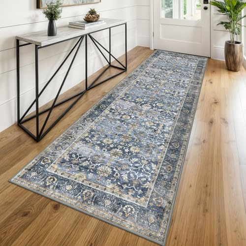KUTA Vintage Washable Runner Rug, 2.6x8 Blue Beige Runners for Hallways Non-Slip Kitchen Rugs Ultra Thin Soft Printed Distressed Oriental Floral Floor Carpet for Laundry Bedroom Living Room Nursery