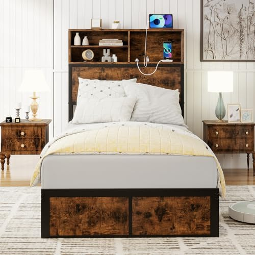 COSTWAY Single/Double/King Size Bed Frame with Charging Station, Storage Headboard and Underbed Space, Industrial Metal Slats Support Platform Bed Base Mattress Foundation (Rustic Brown, 3FT Single)