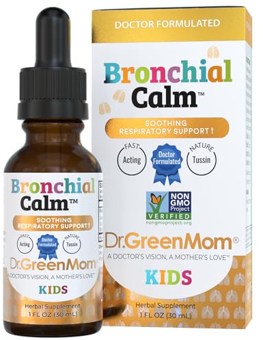 Dr. Green Mom Bronchial Calm Kids - Natural Cough Liquid Drops for Babies, Toddlers & Children - Herbal Kids Cold & Flu Support - Natural, Sugar-Free, Non-GMO, Dye-Free