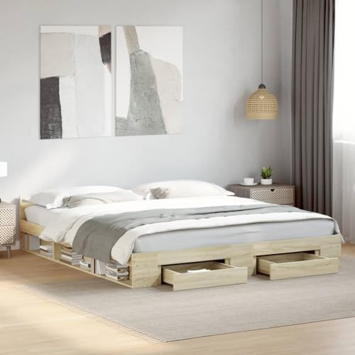 Hoodmeel Bett 180x200 mit Schubladen und lattenrost Holzbett mit Stauraum Bettgestell mit Kopfteil Doppelbettgestell Jugendbett-Sonoma Eiche-180 x 200 cm