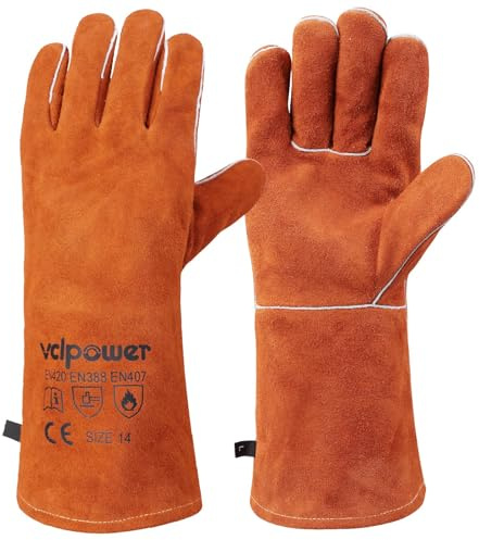 vclpower Welding BBQ Fire Gloves Fire Heat Resistant 14in Fireproof Leather for Fire Pit Wood Stove Log Wood Burners BBQ Baking,Grill Oven Stick Mig Tig Welding Gear Gift for Man L, Animal Handling