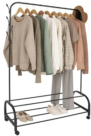 Relaxdays Kleiderständer rollbar, HxBxT: 160 x 110 x 40 cm, 2 Ablagen, seitliche Haken, Eisen, Garderobenwagen, schwarz