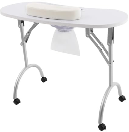HPDTZ Mesa de manicura plegable con succión, mesa de uñas móvil con ruedas, lugar de trabajo para salón de uñas, mesa de diseño de uñas de 90 cm con ventosa y cómodo reposamuñecas (blanco)