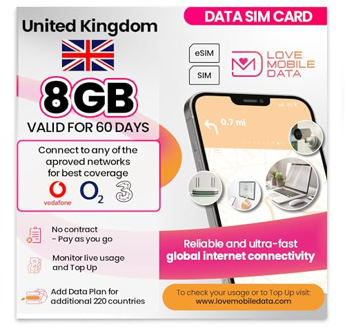 Love Mobile Data Only Sim Card - International Multi-Network 4G/5G Prepaid Pay As You Go Data Sim for Mobile Phones, WiFi Routers & More, United Kingdom (O2, Three & Vodafone) - 8GB for 60 Days