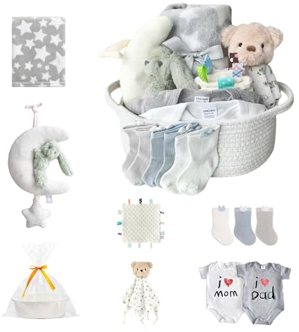 CREVENT Presentset för flickor och pojkar – blöjkorg med 1 filt, 1 dagggie, 1 gosig leksak, 3 strumpor, 2 babybody, 1 sängmobil, 1 presentpåse – det viktigaste för nyfödda (vit)
