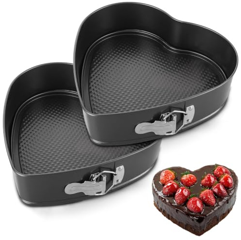Ghligna 2PCS Cake Tin Heart Springform 25.5cm (10 inch) - Heavy Duty Carbon Steel Non-Stick Heart Shaped Cake Tins for Baking with Snap Lock & Removable Base, Cheesecake Tin for Oven, Black