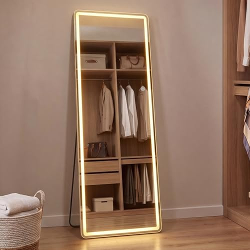 Yezi Full Length Mirror with Lights 165x60cm, LED Lighted Floor Mirror with Stand, 3 Color Lighting Full Body Wall Hanging Dressing Mirrors, Tempered Glass, for Bedroom, Living Room, Cloakroom