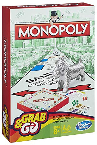 Hasbro Gaming Grab & Go, Monopoly, Juego de Mesa en Formato Viaje, Ideal para Fiestas con Familia y Amigos, Dinero de Juguete, para Niños y Niñas, Juguete para Fiestas