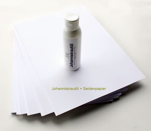 Set – 250 ml di olio di erba di San Giovanni + 100 fogli di carta velina (37,5 cm x 50,0 cm) per il metodo del mandrino/massaggio di Breuß.