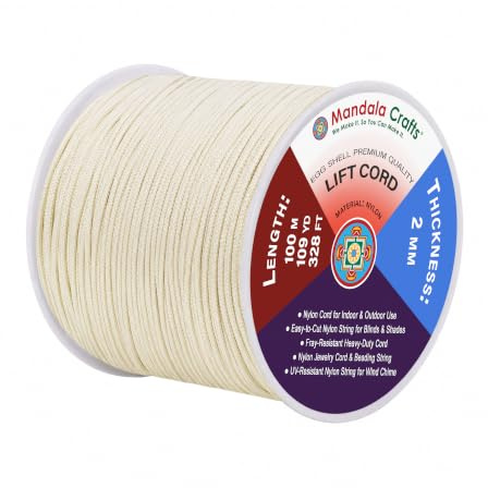 Mandala Crafts 2mm Egg Shell Blind Strings Lift Shade Cord, 109 Yards | Braided Nylon Cord for Roller & Roman Shades, Venetian Blinds Repair, Replacement, Curtain String, Indoor & Outdoor Use