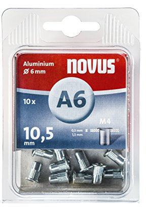 Novus Inserti Filettati A6 M 4 X 10,5 Mm, 10 Dadi per Rivetti Ciechi in Alluminio con Diametro di 6 Mm Ideali per Materiale Sintetico e Materiali Da Costruzione Leggeri, 045-0041