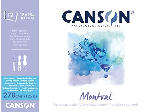 CANSON Montval - Bloc 12 feuilles papier aquarelle grain nuage - 18 x 25 cm - 270g/m² - Blanc