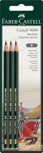 FABER-CASTELL - Bleistifte Set Castell 9000, Härtegrad B, 3 Stück | Graphitstifte in Künstlerqualität für Schreiben, Skizzieren und Zeichnen