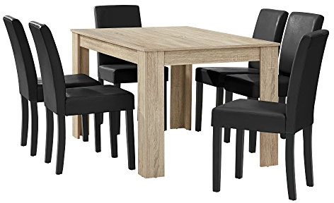 [en.casa] Esstisch Eiche hell mit 6 Stühlen schwarz Kunstleder gepolstert 140x90 Essgruppe Esszimmer