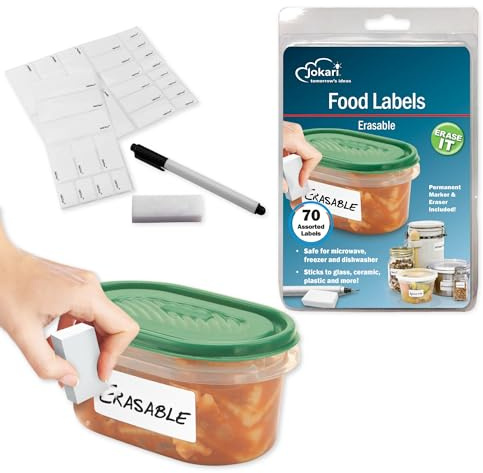 Jokari 47826 - Kit de Démarrage - Étiquettes d'Aliments Effaçables avec 70 Étiquettes Assorties, Gomme et Stylo - Blanc