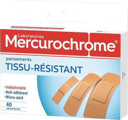 MERCUROCHROME - Pansements Tissu-Résistant, protection optimale, hypoallergénique confortable, résistant ultra-extensible - La boite de 40 pansements tissu