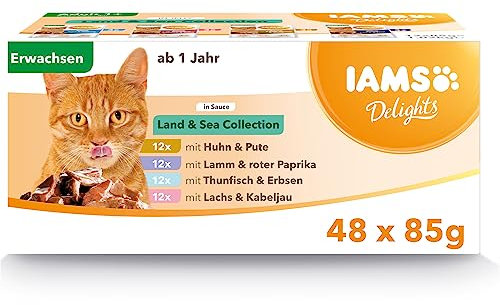Iams Delights Land & Sea Collection, Nassfutter für Katzen in Soße, 48 x 85 g