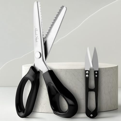 Handi Stitch Zackenschere mit Fadenschneider - Schneiderschere Stoffschere Zickzack 22,86cm Edelstahl Griff Schwarz – Schere Scharf zum Schneiden von Stoff, Kleidung, Textilien, Nähen, Papier, Basteln