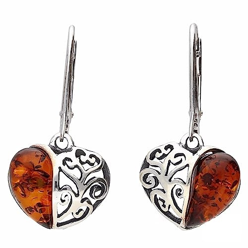 Pendientes de plata de ley 925 con forma de corazón de filigrana y ámbar báltico para mujeres/señoras/niñas, pendientes colgantes de plata ámbar elegante, ámbar verde/miel coñac naranja ámbar, Plata