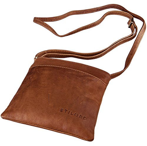 STILORD Lana kleine Umhängetasche Damen 16 x 18 x 2 cm Ausgehtasche Schultertasche Handtasche echtes Büffel Leder Vintage Design Größe S Farbe:Cognac - braun