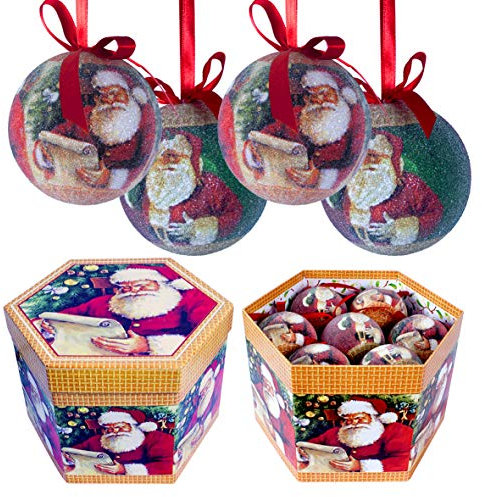 The Christmas Workshop Set of 14 Christmas Baubles/Various Festive Designs/Gift Boxed Christmas Tree Decorations / 7.5cm Diameter Baubles (Red & Green Classic Santa)