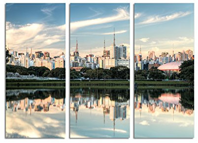 Paul Sinus Art 130x90cm – Keilrahmenbild Sao Paulo skyline Spiegelung Sonnenuntergang 3teiliges Wandbild auf Leinwand und Keilrahmen - Fotobild Kunstdruck Artprint