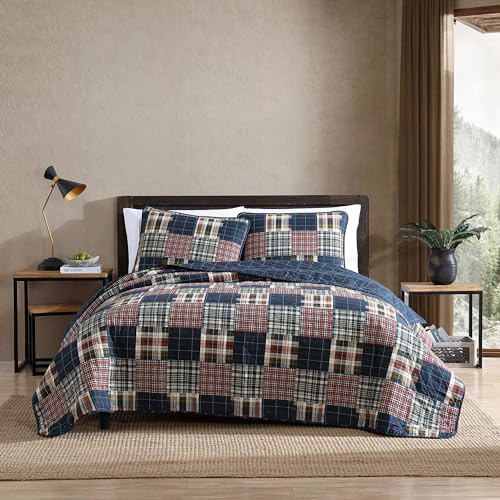 Eddie Bauer - Twin Quilt Set, Reversible Bedding with Matching Sham, Medium-Weight for Year Round Use, Dorm Essentials (Madrona Navy/Red)