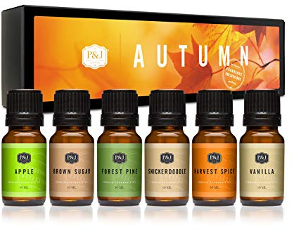 Höstset med 6 premiumkvalitets doftoljor – bruna Sugar, Apple, Harvest Spice, vanilj, skogpine, snickerdoodle – 10 ml