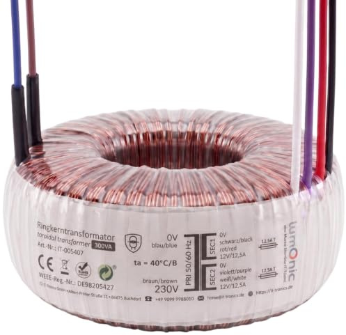 Lumonic transformador toroidal 300VA 2x12V para sistemas de audio, industriales, halógenos y de vía - tensión de entrada 230V - tensión secundaria 24V - modelo RSO-826050