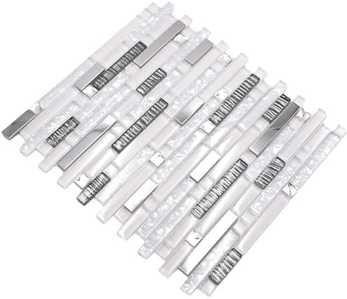 Mosaik Verbund Crystal/Edelstahl mix weiß/Glas Metall Mix Fliesenspiegel, Mosaikstein Format: 15x48/98/148x8 mm, Mattengröße: 298x338 mm, 1 Matte