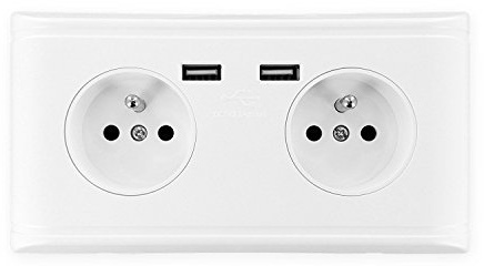 Kit de double prise murale précâblée + terre et double chargeur USB 2.1A - Prises Françaises type E