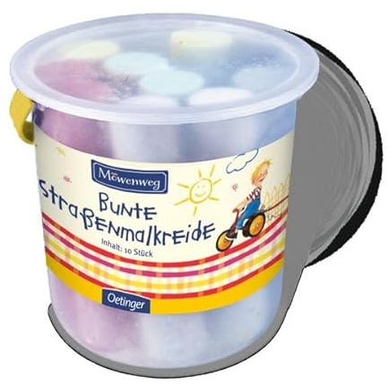 Möwenweg. Bunte Straßenmalkreide im Eimer