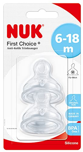 NUK First Choice+ Baby Bottle Teat, 6-18 Months, Silicone with Medium Feed Hole, Anti-Colic, 2 Count