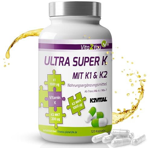 Vita2You Ultra Super K - 3 Vitamin K Formen - 120 Kapseln - Vitamin K2 und K1 - MK4 & MK7 - K2VITAL - Hochdosiert - Premium Qualität