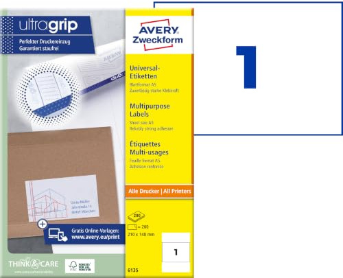 AVERY Zweckform 6135 Universal Etiketten (200 Klebeetiketten, 210x148mm auf A5, Papier matt, bedruckbare Versandetiketten, selbstklebende Versandaufkleber mit ultragrip) 200 Blatt, weiß