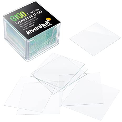 Levenhuk G100 Transparente Deckgläser für Mikroskope 24x24mm, 100 Stück | 0,13–0,17mm Dicke, Optisches Glas, Verzerrungsfreie Beobachtung, für Mikroskoppräparate, Labor und Ausbildung