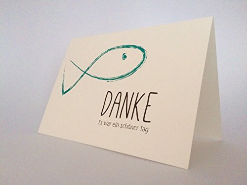 20 Hochwertige Danksagungskarten Doppelkarte -Klappkarte „Danke“ Konfirmation Fisch C6 mit farbigem Umschlag
