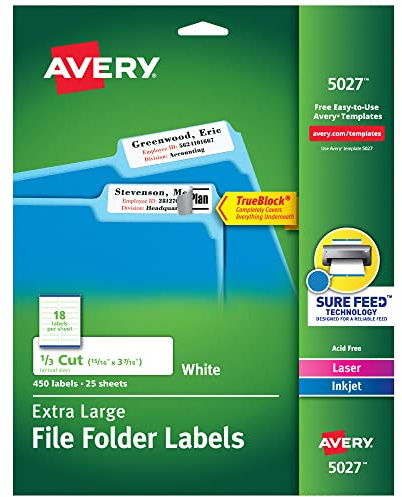 Avery TrueBlock Extra Large File Folder Labels, 15/16 x 3-7/16, 450 Printable Labels, White (5027)