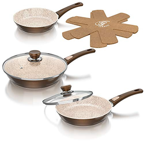 Genius Cerafit Granit-Pfannen-Set 7-tlg, braun, Pfannen Induktion (20, 24 & 28 cm), Bratpfannen mit Deckel und abnehmbarem Griff, backofenfest, Keramik- Antihaftbeschichtung, spülmaschinenfest