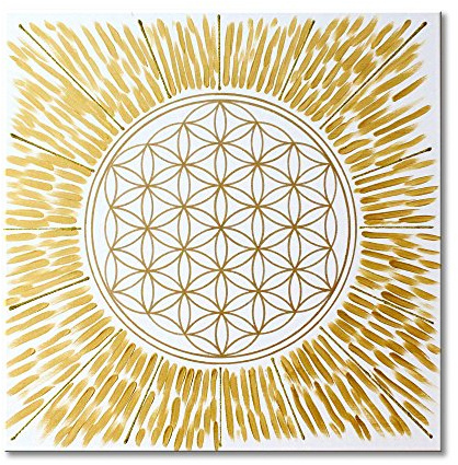 Wandbild Blume des Lebens in Gold Licht - HANDGEMALT - Größe 50x50 cm - Lebensblume in GOLD mit Acrylfarbe gemalt - Leinwandbild auf viereckigen Keilrahmen gespannt | MADE IN GERMANY